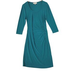 Philosophy Teal 3/4 Sleeve Ruched Midi Sheath Dress L Polyester/Spandex   JCT